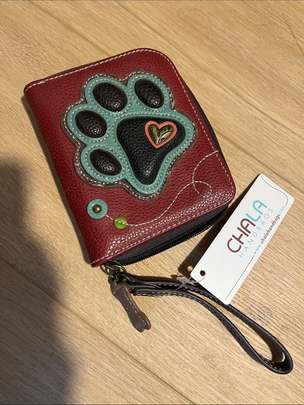 Chala Burgundy Wallet Wristlet with Teal and Black Paw Applique